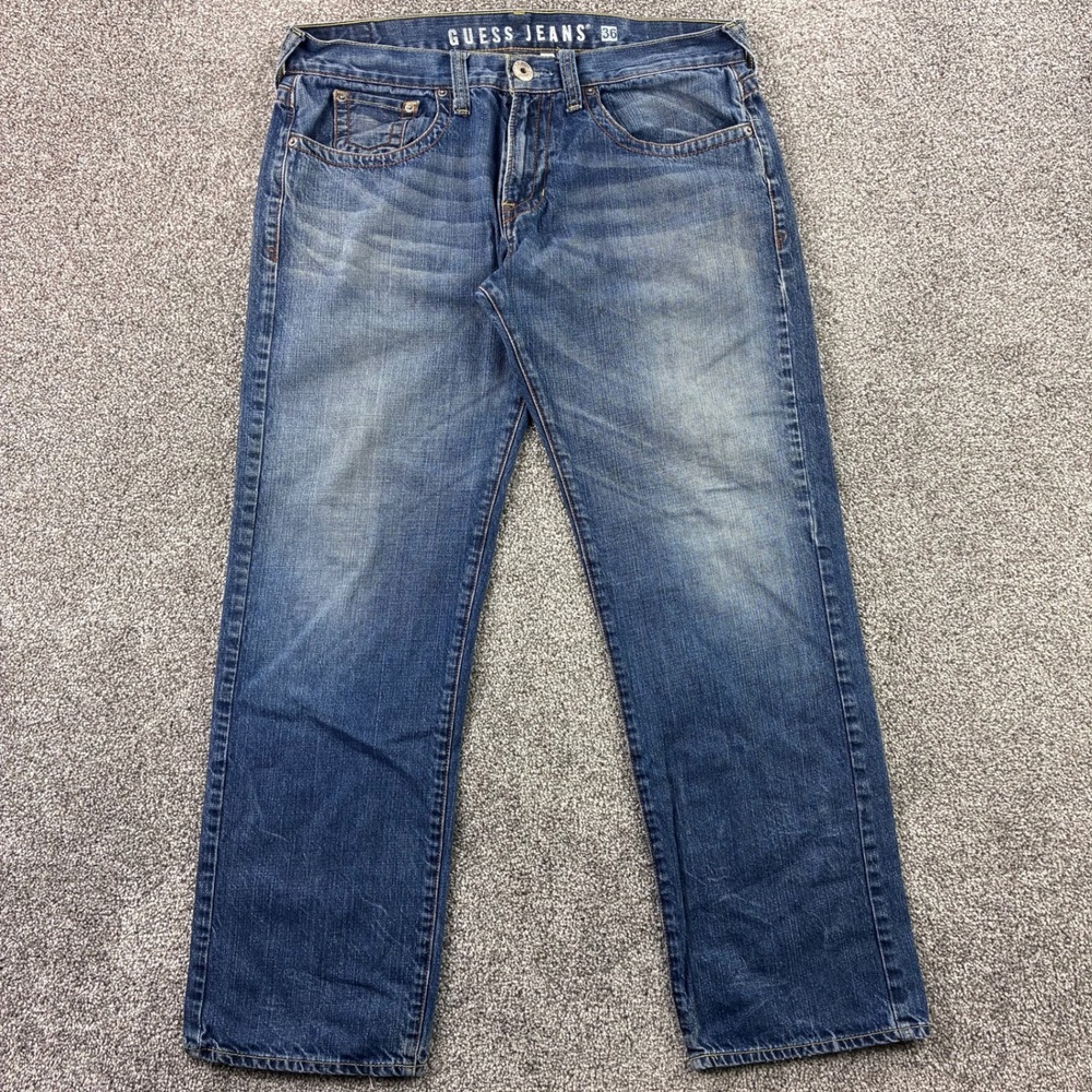 Guess Jeans Mens 36x32 Rebel Straight Leg Blue Denim Distressed Faded Pants